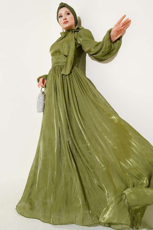 فستان سهرة كاكي بحزام ورقبة ذاتية