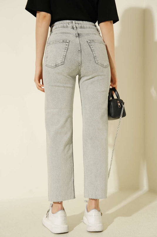 Cut Hem Buttoned Denim Pants Light Wash