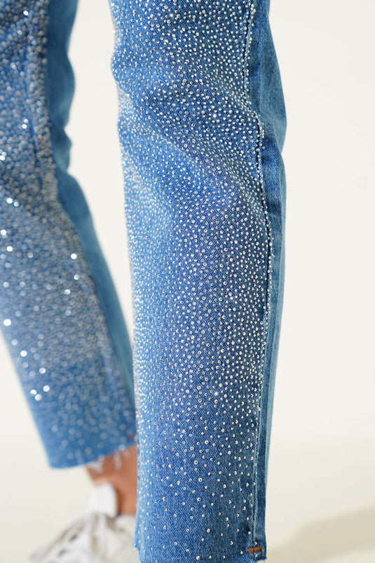 Cut-Skin-Leg Stoned Jeans Blue