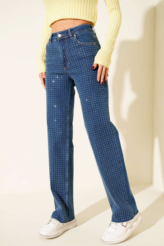 Cut Wide-Leg Stone-Embellished Denim Trousers Blue
