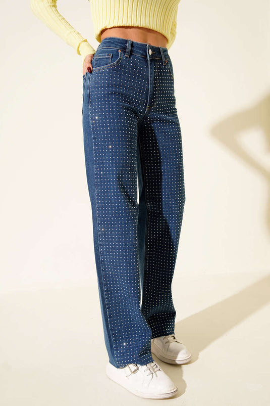 Cut Wide-Leg Stone-Embellished Denim Trousers Blue