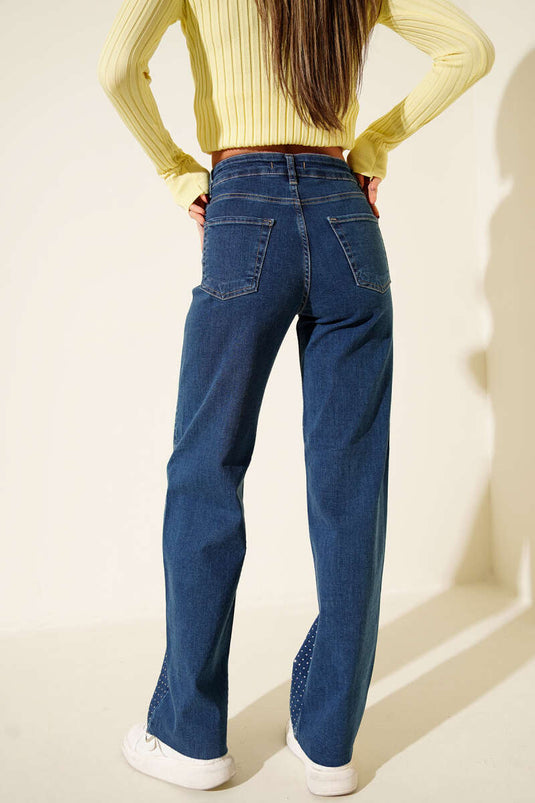 Cut Wide-Leg Stone-Embellished Denim Trousers Blue