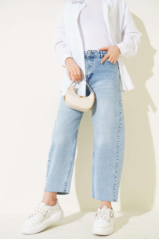 Baggy Fit Jeans with Cut Legs Light Snow