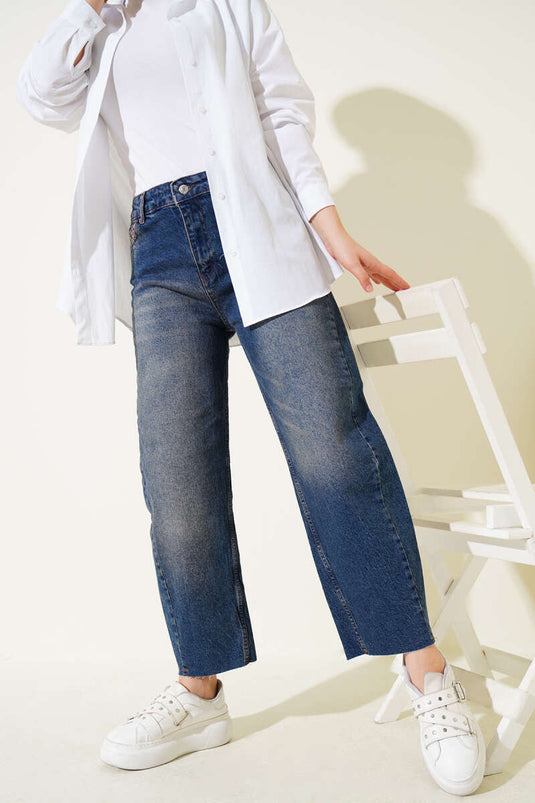 Kesik Paça Baggy Fit Kot Pantolon Tintli