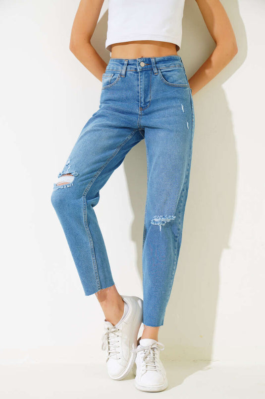 Cut-Leg Laser Jeans Light Blue