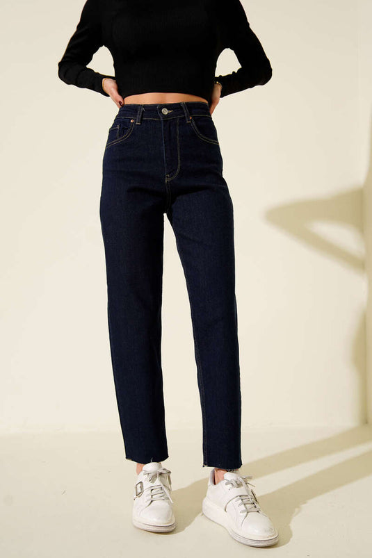 Kesik Paça Mom Jeans Pantolon Lacivert