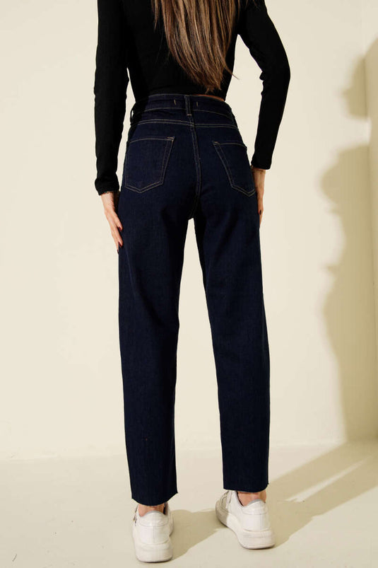 Kesik Paça Mom Jeans Pantolon Lacivert