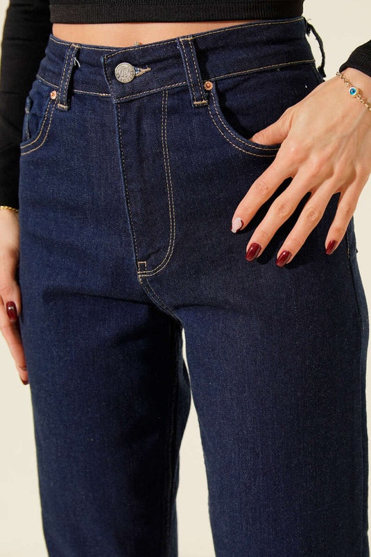Kesik Paça Mom Jeans Pantolon Lacivert