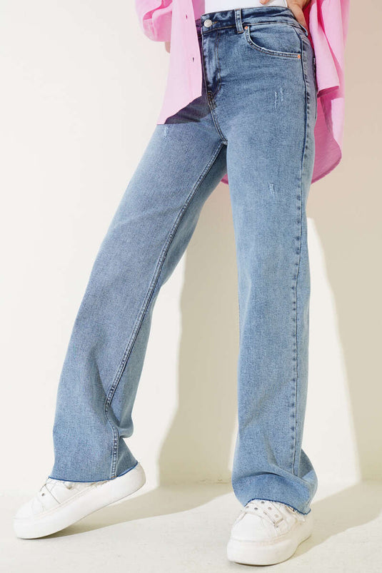 Cut Off Palazzo Denim Pants Snow Wash