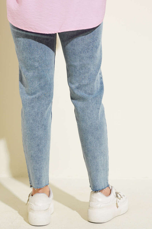 Distressed Cut-Off Mom Jeans Pants Snow Wash