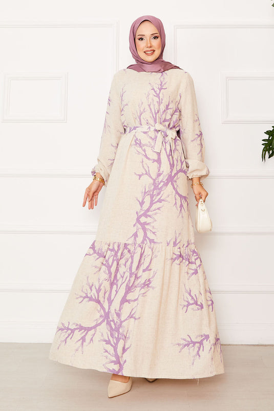 Robe en lin à motifs avec ceinture à la taille Lilas