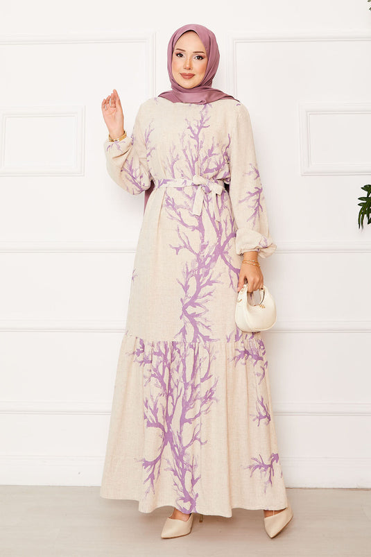 Robe en lin à motifs avec ceinture à la taille Lilas