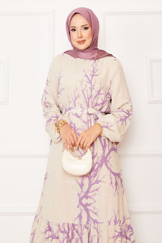 Robe en lin à motifs avec ceinture à la taille Lilas