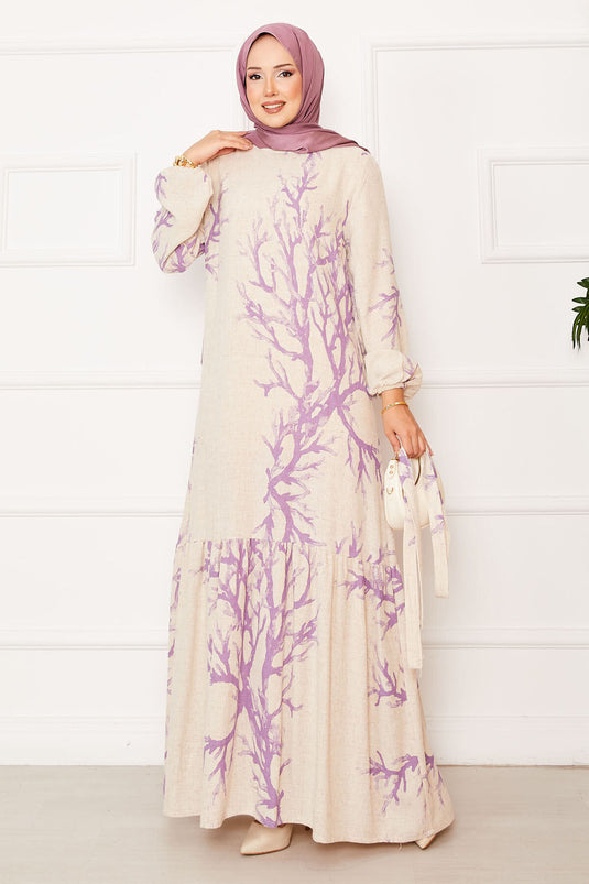 Robe en lin à motifs avec ceinture à la taille Lilas