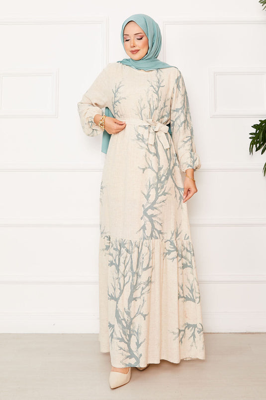 Linen Patterned Belted Waist Dress Mint