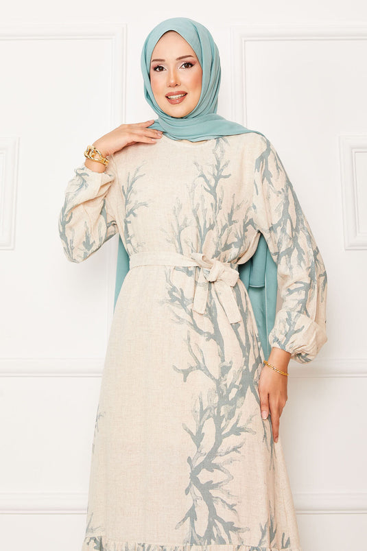 Linen Patterned Belted Waist Dress Mint