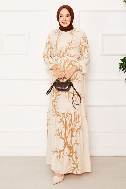 Linen Patterned Waist Belted Dress Milky Coffee