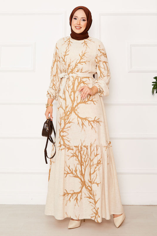 Linen Patterned Waist Belted Dress Milky Coffee