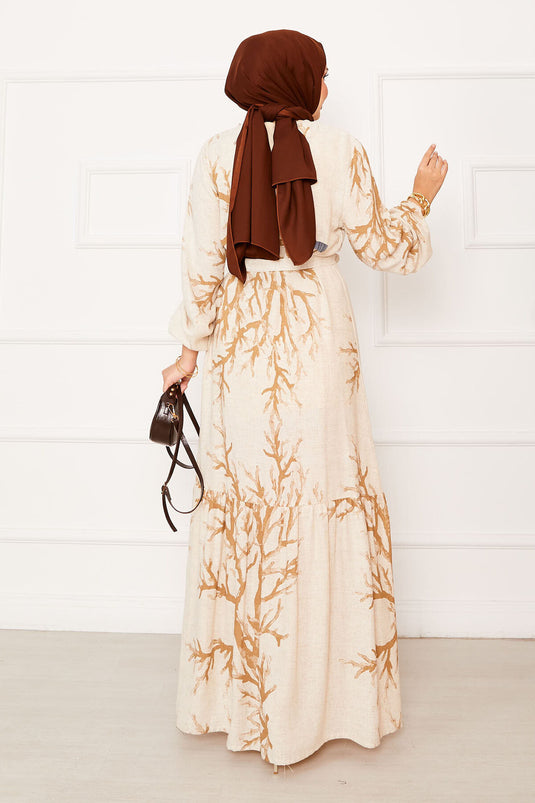 Linen Patterned Waist Belted Dress Milky Coffee