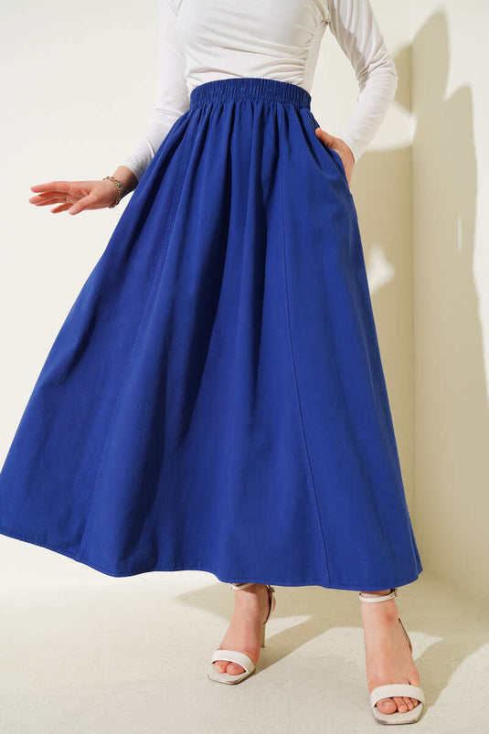 Linen Flared Elastic Waist Skirt Blue