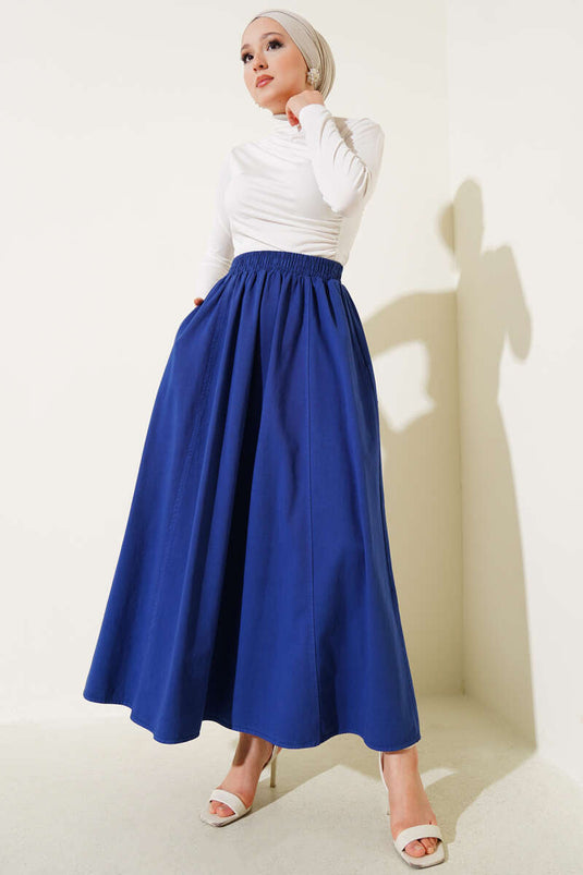 Linen Flared Elastic Waist Skirt Blue