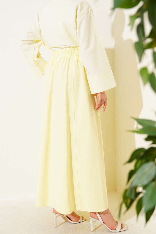 Keten Kloş Beli Lastikli Etek Sarı