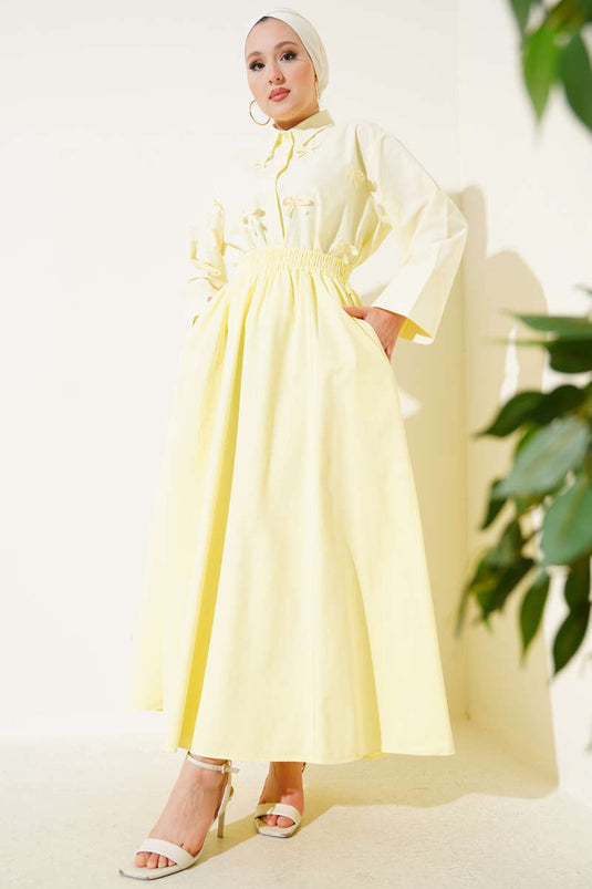 Keten Kloş Beli Lastikli Etek Sarı