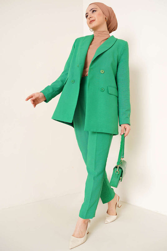 Green Cotton Pants Jacket Two-Piece Set