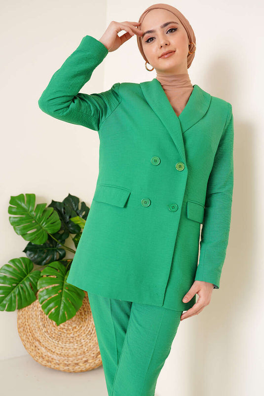 Green Cotton Pants Jacket Two-Piece Set