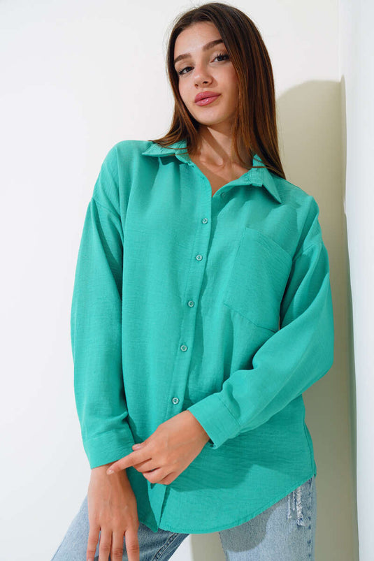 Chemise en Lin à Poche Unique Vert Forêt