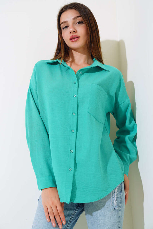 Chemise en Lin à Poche Unique Vert Forêt