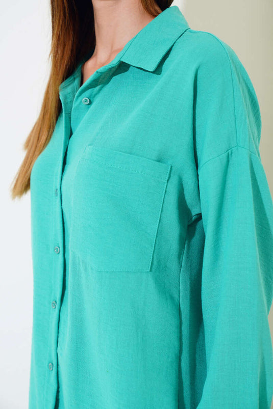 Chemise en Lin à Poche Unique Vert Forêt