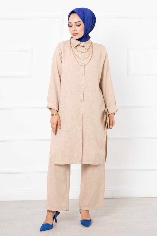 Ensemble Hijab Long Double En Lin Crème