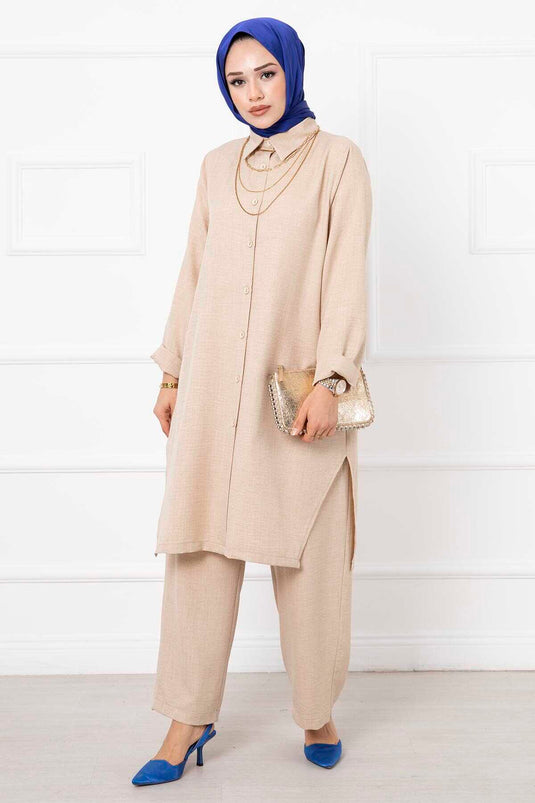 Ensemble Hijab Long Double En Lin Crème