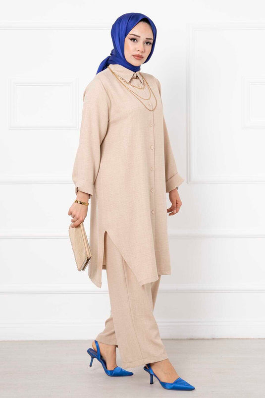 Ensemble Hijab Long Double En Lin Crème