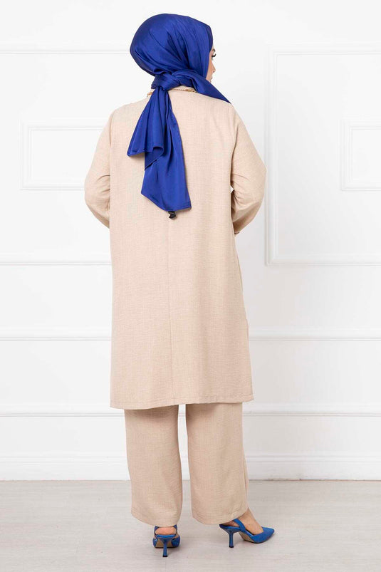 Ensemble Hijab Long Double En Lin Crème