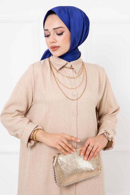 Ensemble Hijab Long Double En Lin Crème