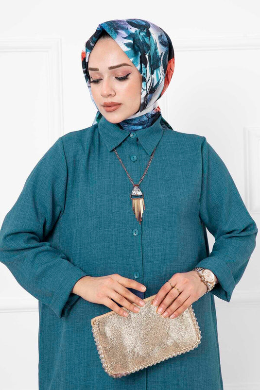 Costume Long Double Hijab en Lin Pétrole