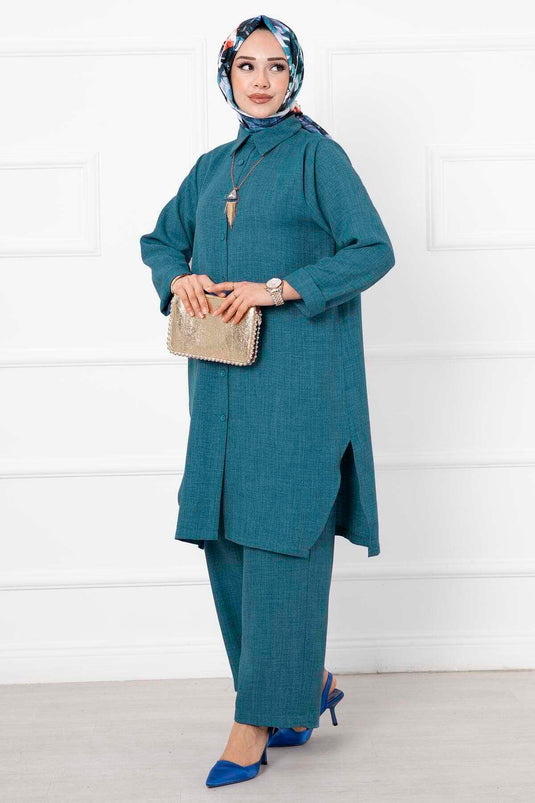 Costume Long Double Hijab en Lin Pétrole