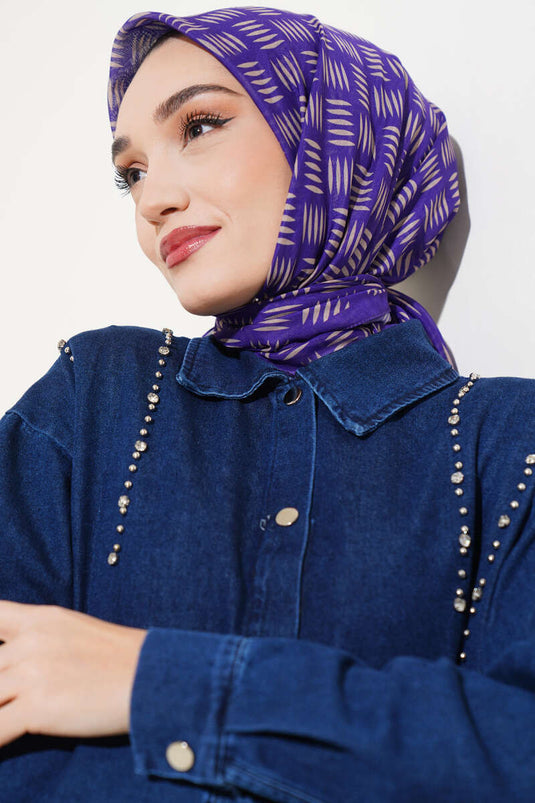 Kibrit Desen Yazma Eşarp Mor