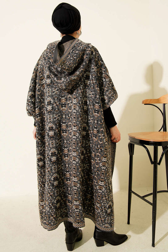 Poncho à capuche à motif kilim, fumée
