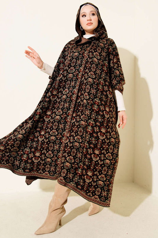 Poncho à capuche à motif kilim noir et marron