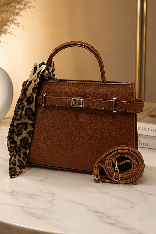 Borsa con Foulard e Dettaglio a Chiusura in Colore Taba