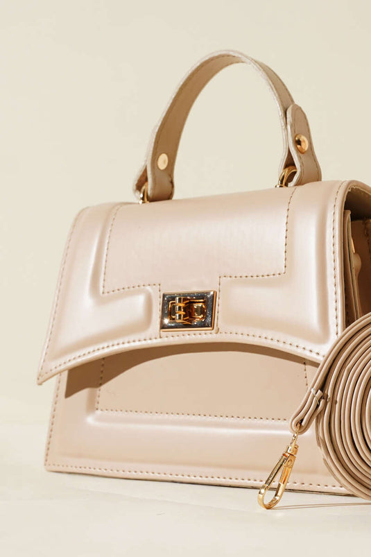 Beige Bag with Lock Detail and Edge Stitching