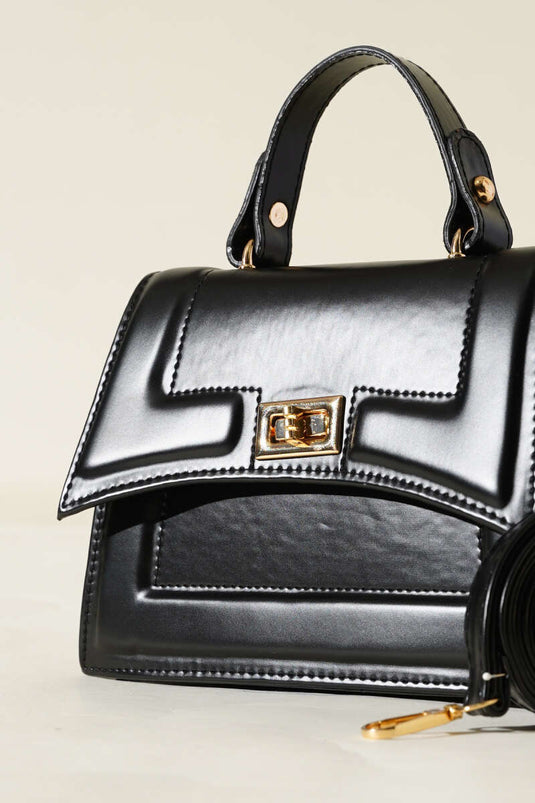 Black Bag with Lock Detail and Edge Stitching