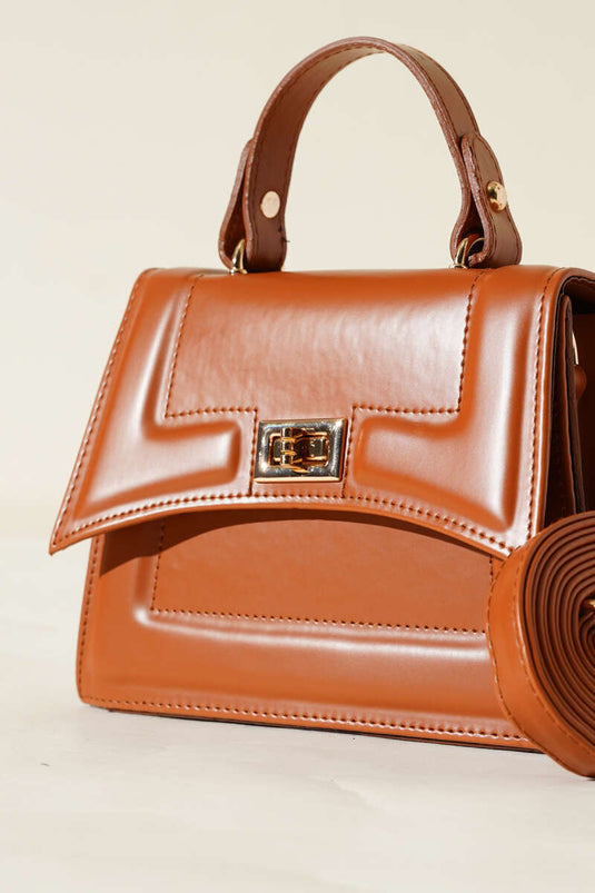 Lock Detailed Edge Stitched Bag Tan