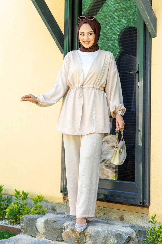 طقم حجاب كيمونو أيروبين من قطعتين، بيج