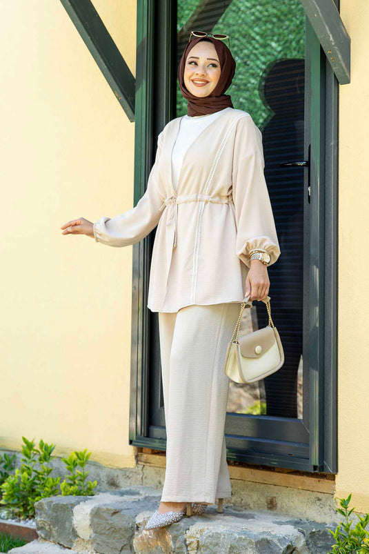 طقم حجاب كيمونو أيروبين من قطعتين، بيج