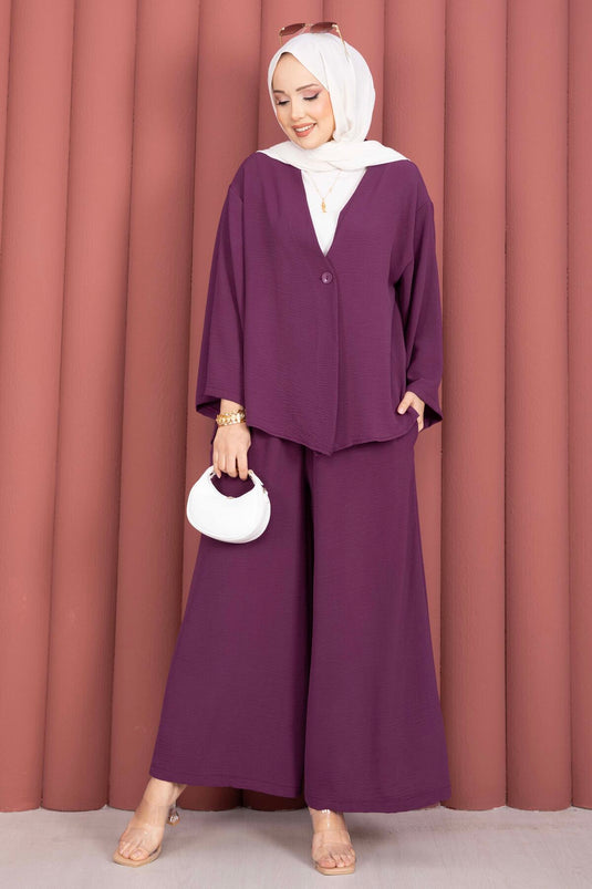 Locker geschnittenes Sommer-Tesettür-Set mit Kimono in Pflaumenfarbe
