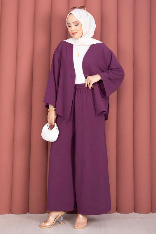 Locker geschnittenes Sommer-Tesettür-Set mit Kimono in Pflaumenfarbe